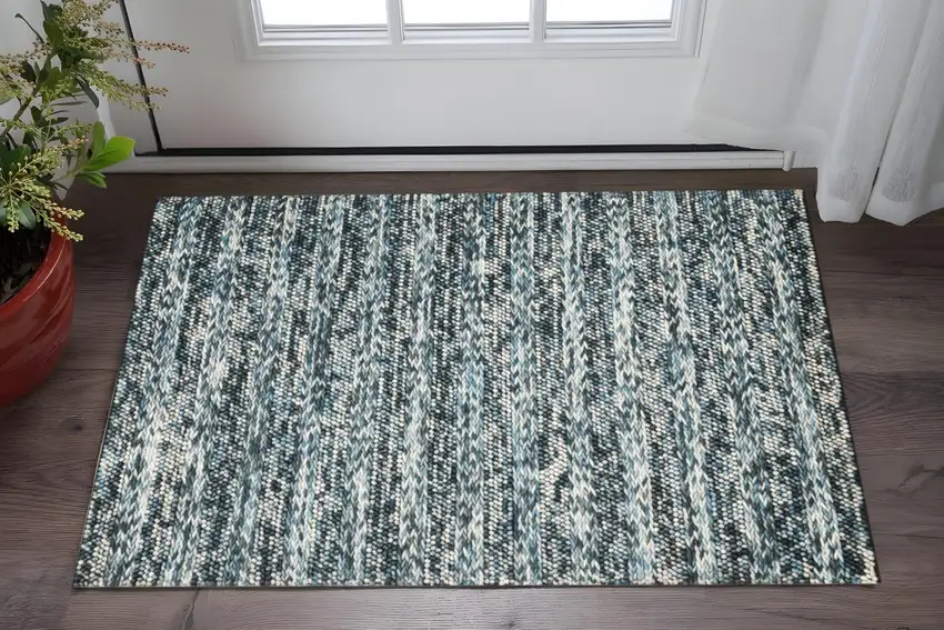 Ivory Blue And Gray Wool Striped Hand Woven Area Rug Photo 1