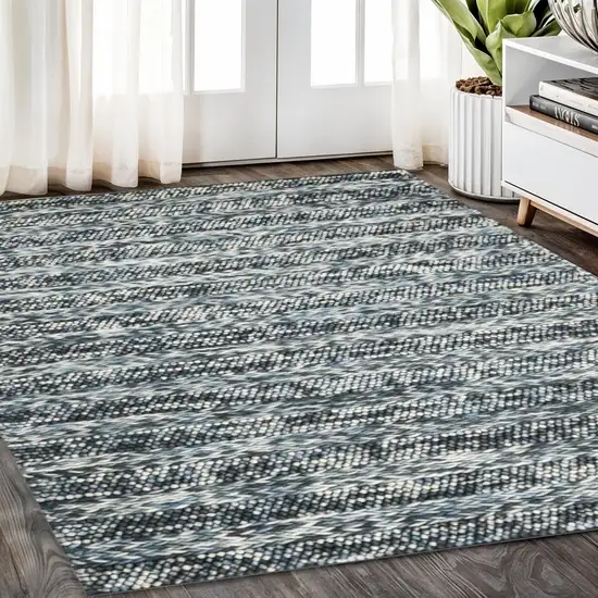 Ivory Blue And Gray Wool Striped Hand Woven Area Rug Photo 2