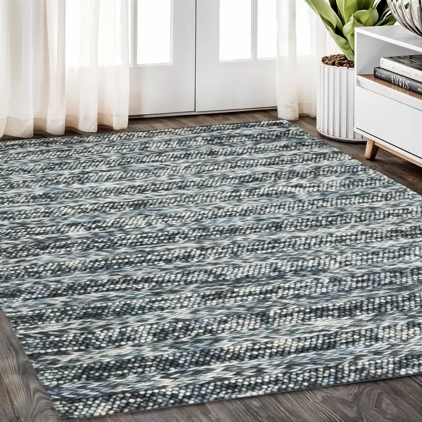 Ivory Blue And Gray Wool Striped Hand Woven Area Rug Photo 2