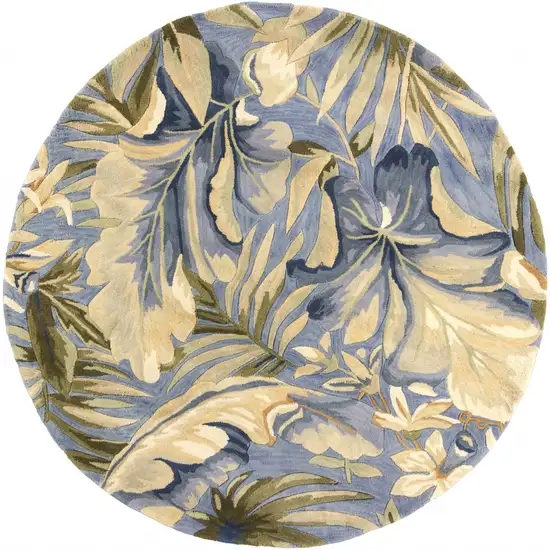 8' Blue Beige And Green Wool Tropical Botanical Hand Tufted Round Rug Photo 2