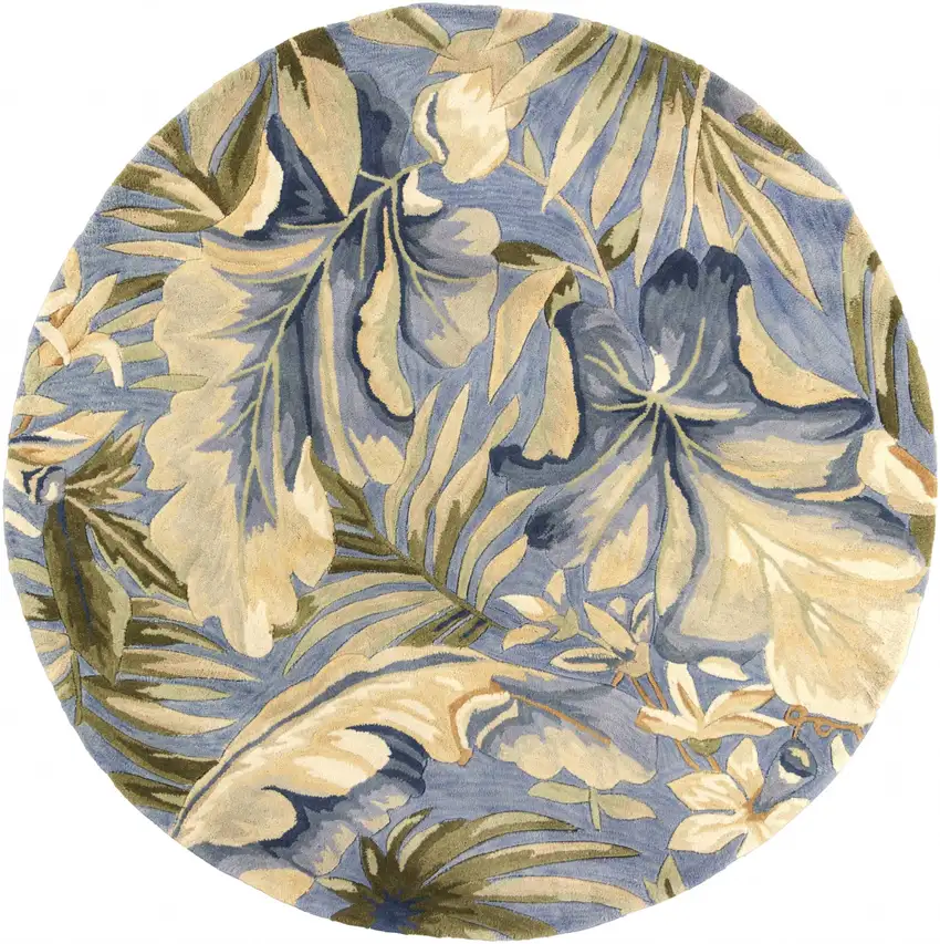 8' Blue Beige And Green Wool Tropical Botanical Hand Tufted Round Rug Photo 2