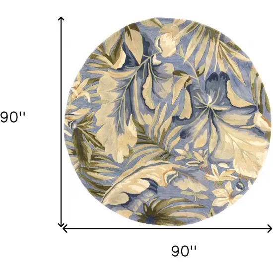 8' Blue Beige And Green Wool Tropical Botanical Hand Tufted Round Rug Photo 3