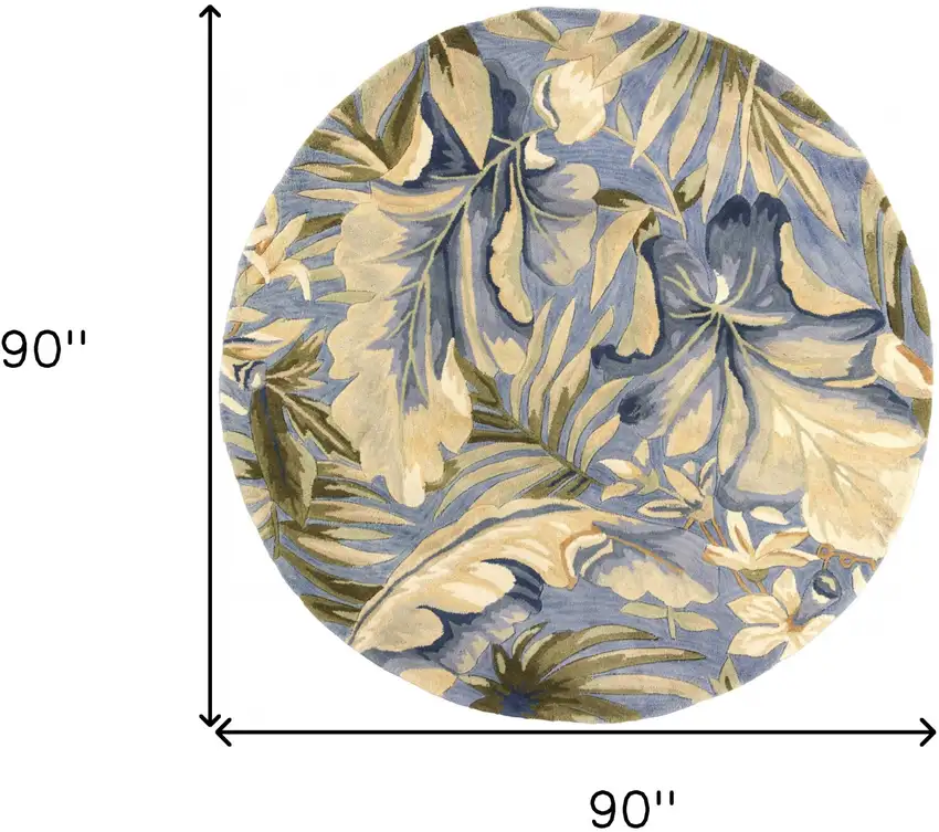 8' Blue Beige And Green Wool Tropical Botanical Hand Tufted Round Rug Photo 3