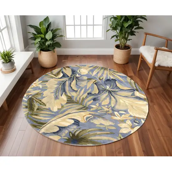 8' Blue Beige And Green Wool Tropical Botanical Hand Tufted Round Rug Photo 1
