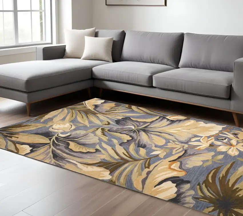 Blue Beige And Green Wool Tropical Botanical Hand Tufted Area Rug Photo 2