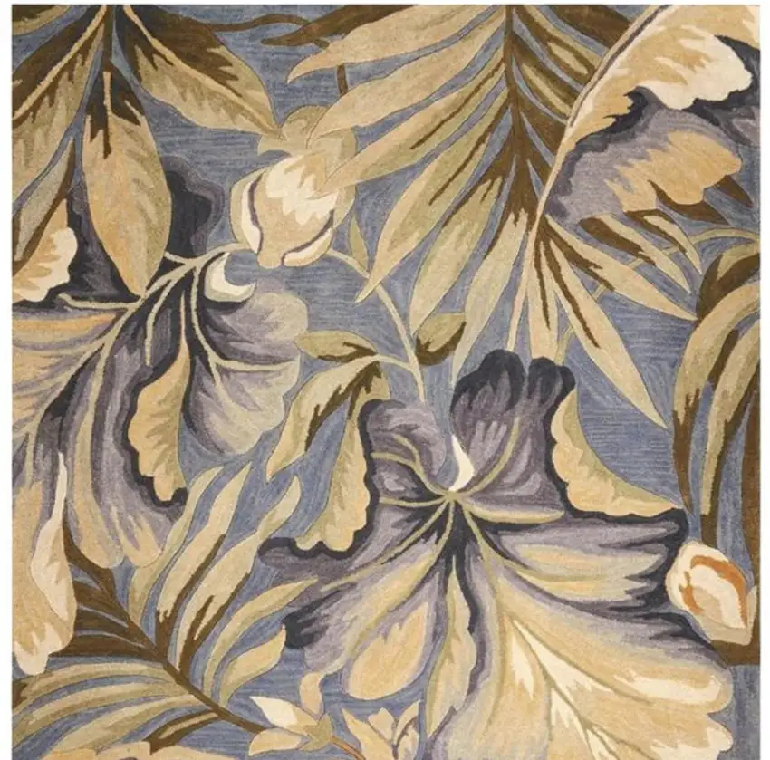 Blue Beige And Green Wool Tropical Botanical Hand Tufted Area Rug Photo 4