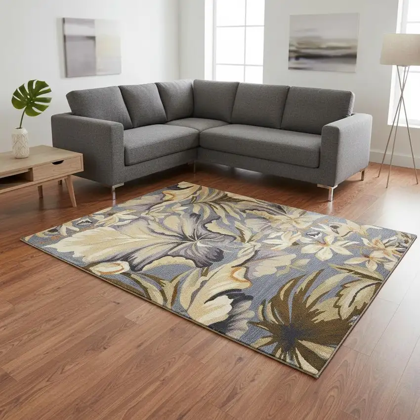 Blue Beige And Green Wool Tropical Botanical Hand Tufted Area Rug Photo 1