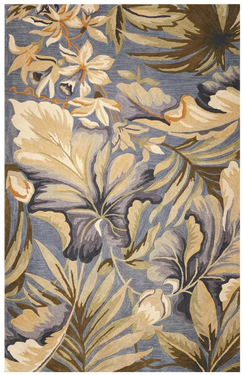 Blue Beige And Green Wool Tropical Botanical Hand Tufted Area Rug Photo 2