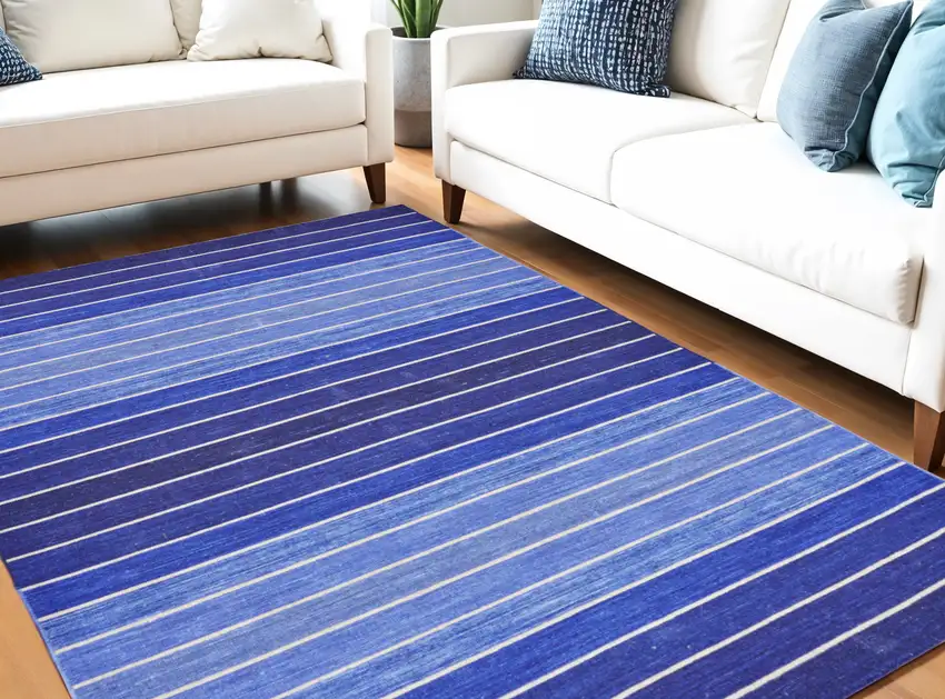 Blue Wool Striped Hand Woven Area Rug Photo 1