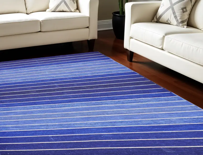 Blue Wool Striped Hand Woven Area Rug Photo 1