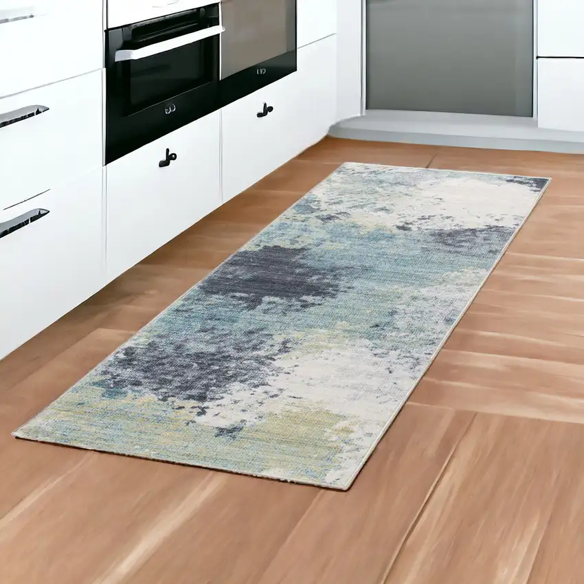 8' Blue And Ivory Abstract Dhurrie Runner Rug Photo 1