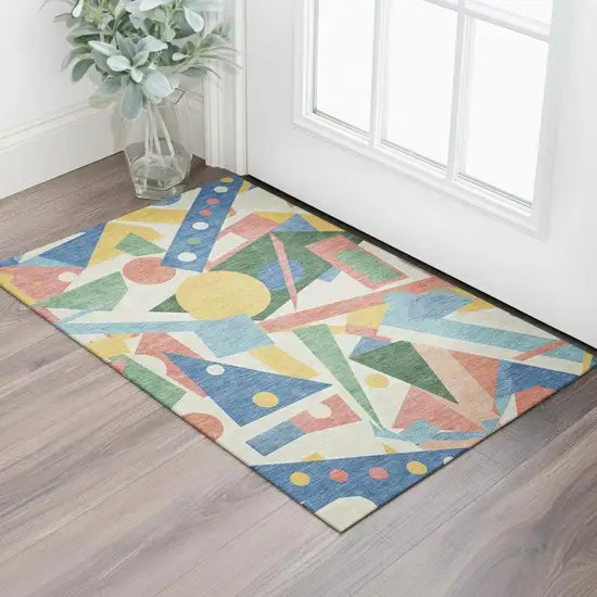 Blue Yellow And Coral Geometric Washable Area Rug With UV Protection Photo 2