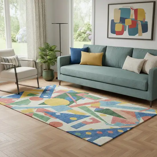 Blue Yellow And Coral Geometric Washable Area Rug With UV Protection Photo 2