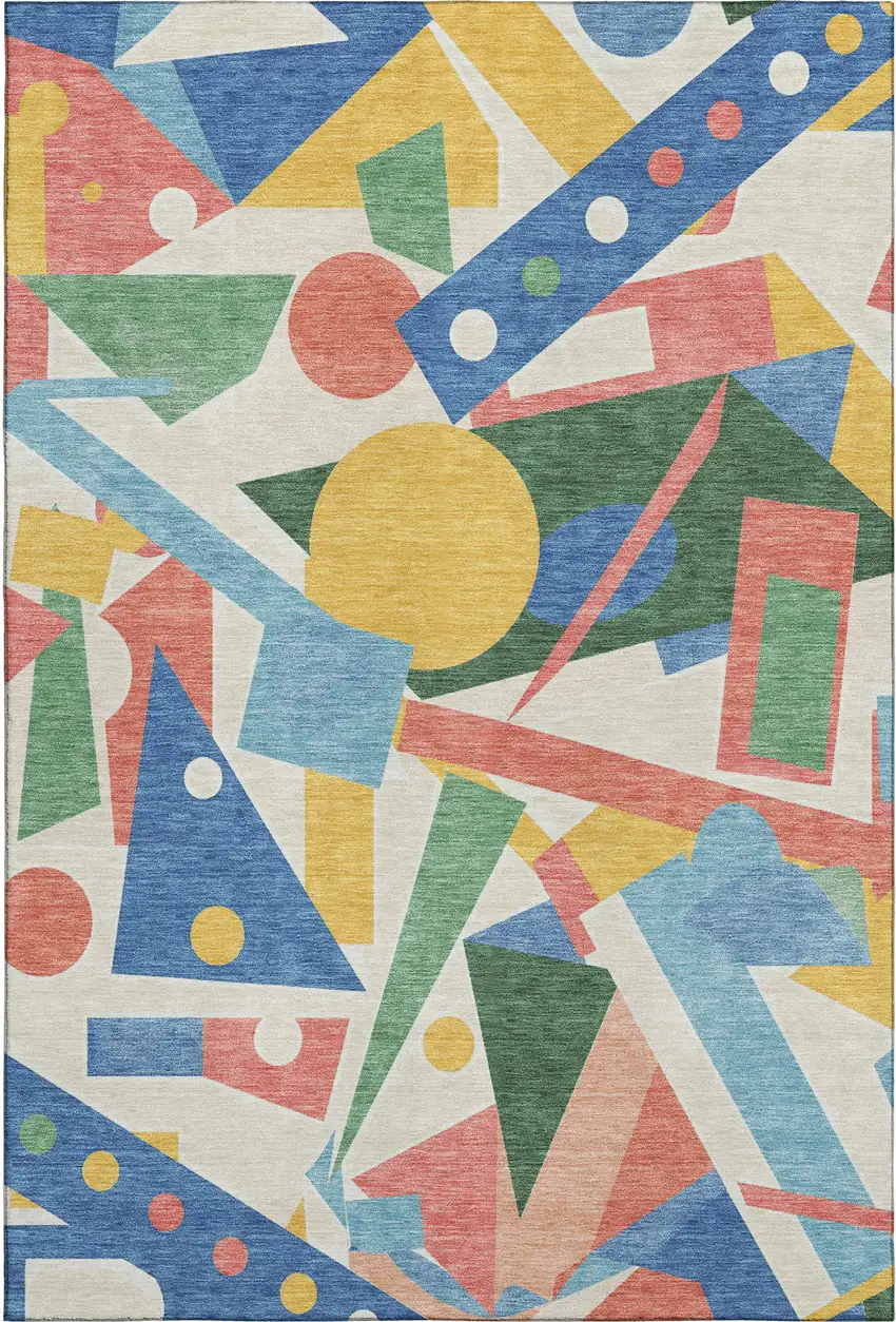 Blue Yellow And Coral Geometric Washable Area Rug With UV Protection Photo 1