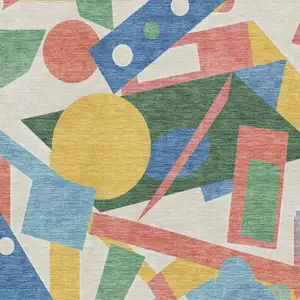 Photo of Blue Yellow And Coral Geometric Washable Area Rug With UV Protection