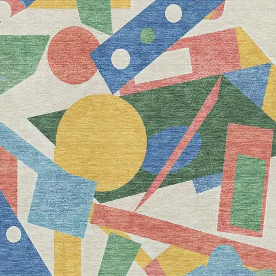 Blue Yellow And Coral Geometric Washable Area Rug With UV Protection Photo 2