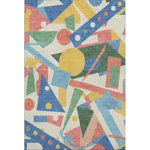 Photo of Blue Yellow And Coral Geometric Washable Area Rug With UV Protection
