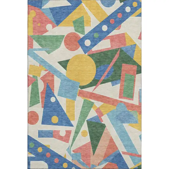 Blue Yellow And Coral Geometric Washable Area Rug With UV Protection Photo 1