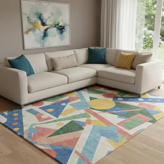 Blue Yellow And Coral Geometric Washable Area Rug With UV Protection Photo 2
