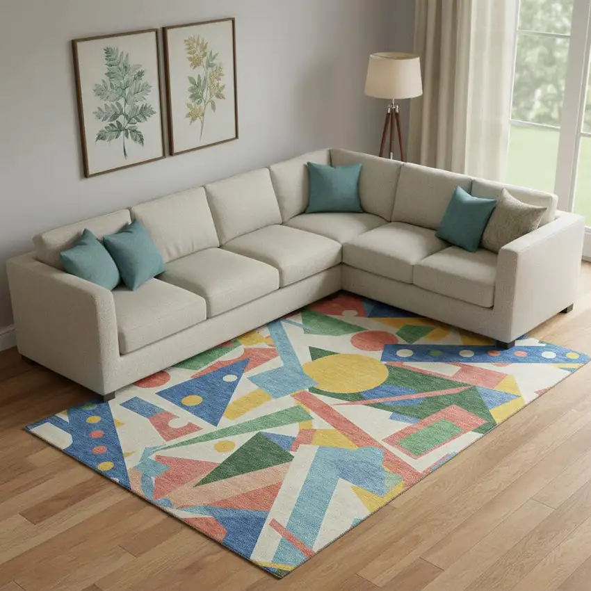 Blue Yellow And Coral Geometric Washable Area Rug With UV Protection Photo 2