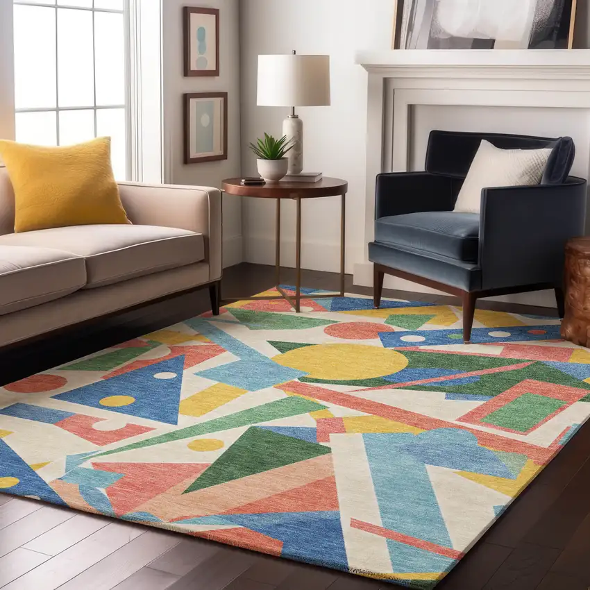 Blue Yellow And Coral Geometric Washable Area Rug With UV Protection Photo 5