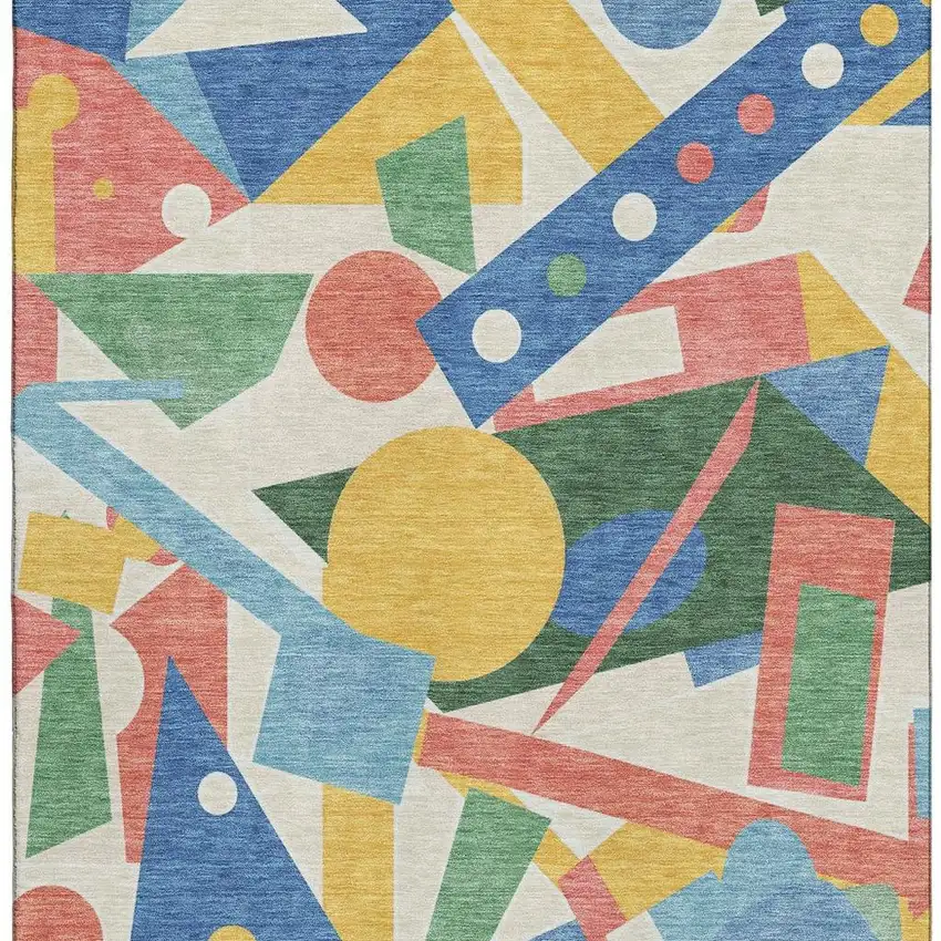 Blue Yellow And Coral Geometric Washable Area Rug With UV Protection Photo 3