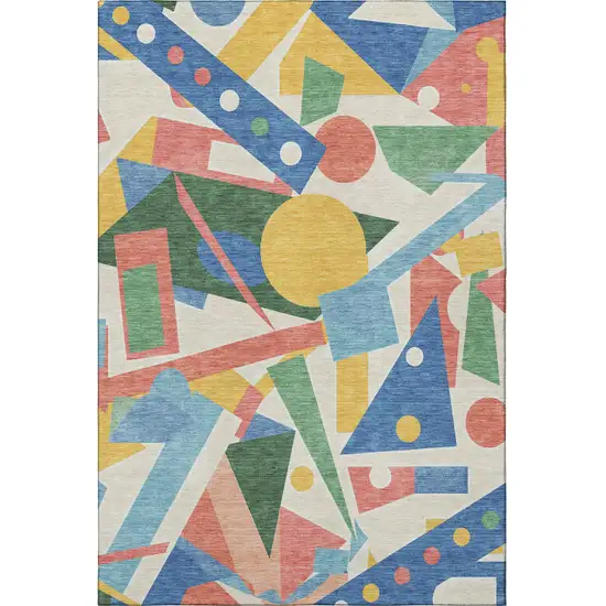 Blue Yellow And Coral Geometric Washable Area Rug With UV Protection Photo 3