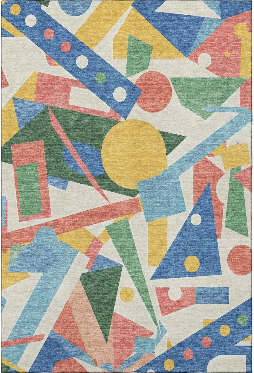 Blue Yellow And Coral Geometric Washable Area Rug With UV Protection Photo 3