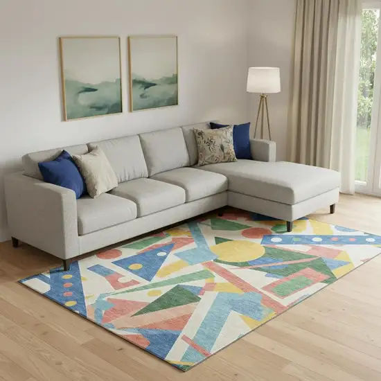Blue Yellow And Coral Geometric Washable Area Rug With UV Protection Photo 2