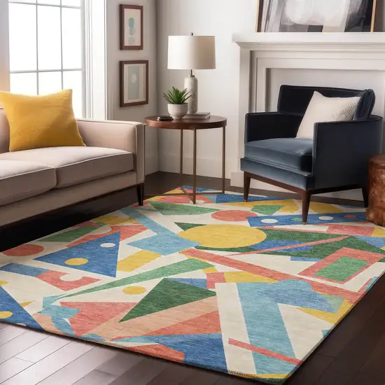 Blue Yellow And Coral Geometric Washable Area Rug With UV Protection Photo 5