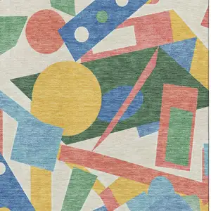 Photo of Blue Yellow And Coral Geometric Washable Area Rug With UV Protection