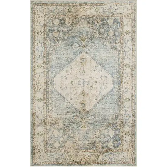 Blue Yellow And Cream Floral Medallion Distressed Washable Area Rug Photo 2