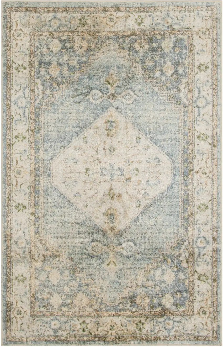 Blue Yellow And Cream Floral Medallion Distressed Washable Area Rug Photo 2