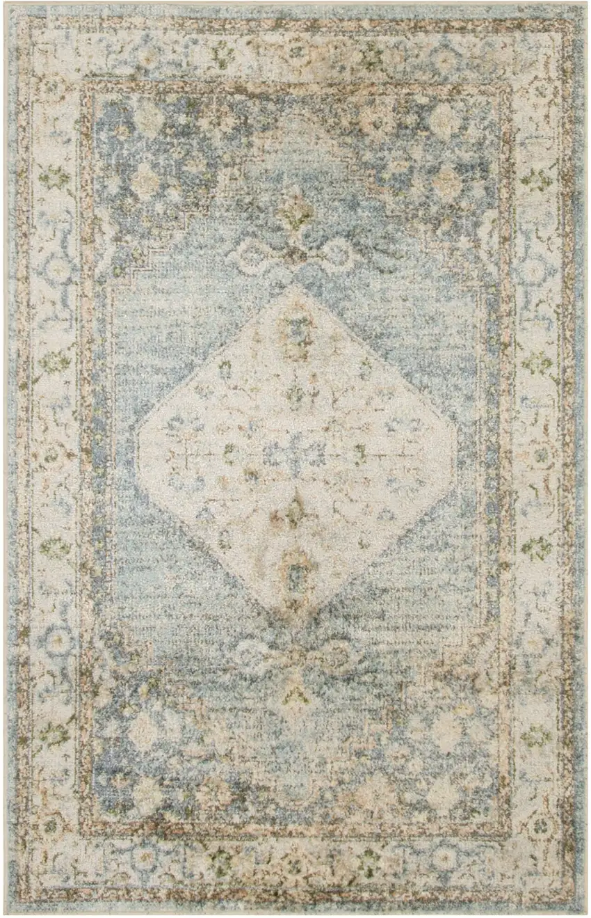 Blue Yellow And Cream Floral Medallion Distressed Washable Area Rug Photo 7