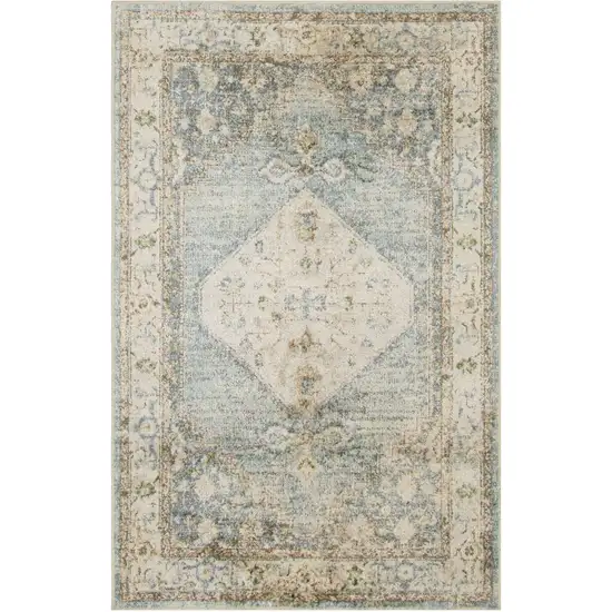 Blue Yellow And Cream Floral Medallion Distressed Washable Area Rug Photo 7