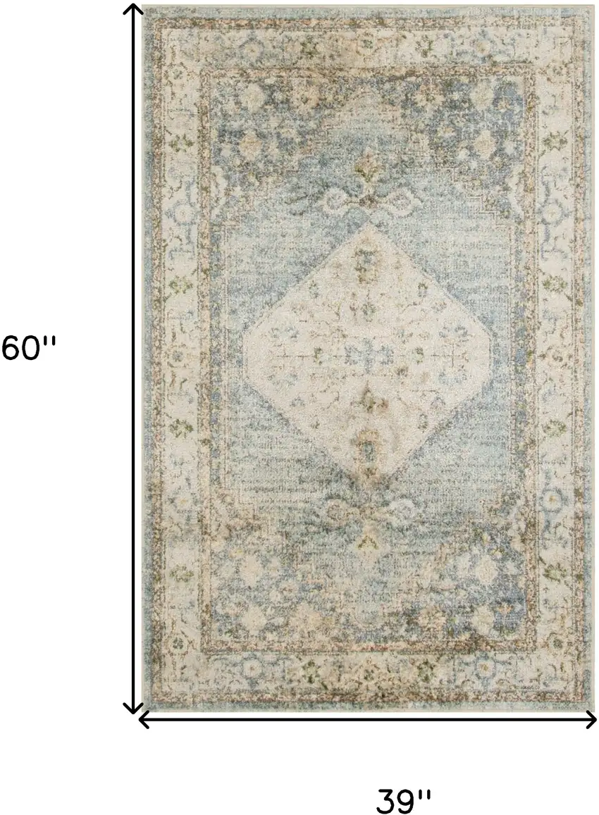 Blue Yellow And Cream Floral Medallion Distressed Washable Area Rug Photo 3