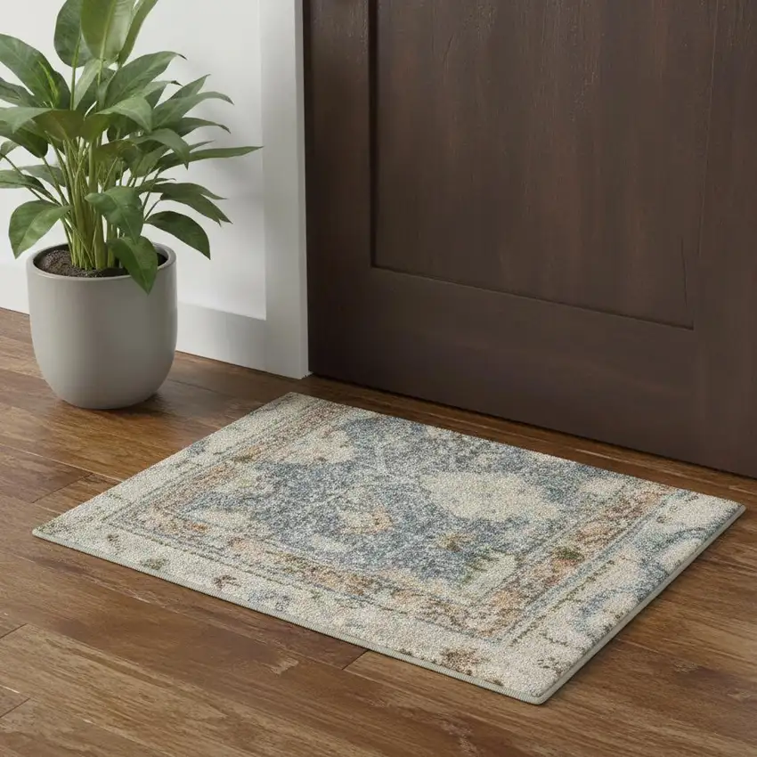 Blue Yellow And Cream Floral Medallion Distressed Washable Area Rug Photo 1