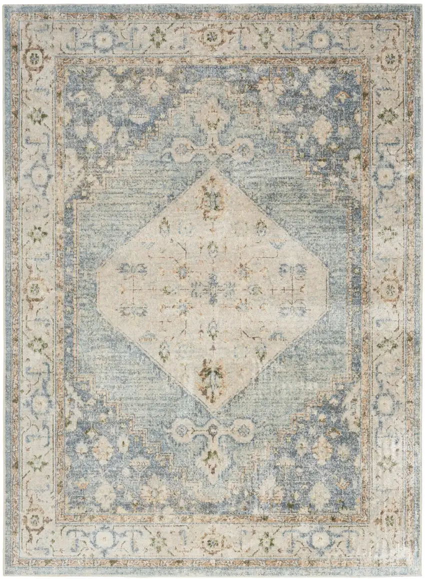 Blue Yellow And Cream Floral Medallion Distressed Washable Area Rug Photo 6