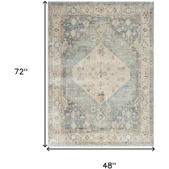 Blue Yellow And Cream Floral Medallion Distressed Washable Area Rug Photo 3