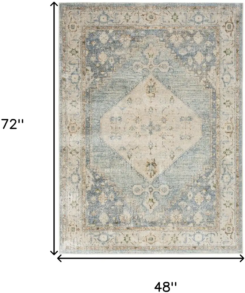 Blue Yellow And Cream Floral Medallion Distressed Washable Area Rug Photo 3
