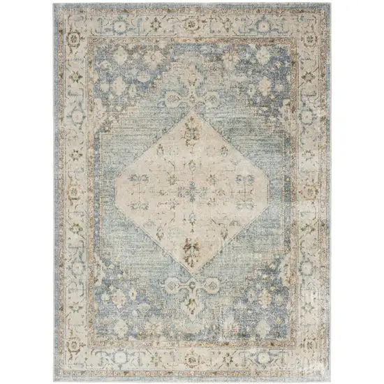 Blue Yellow And Cream Floral Medallion Distressed Washable Area Rug Photo 5