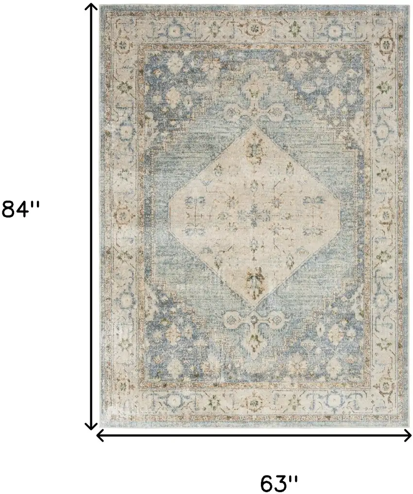 Blue Yellow And Cream Floral Medallion Distressed Washable Area Rug Photo 3