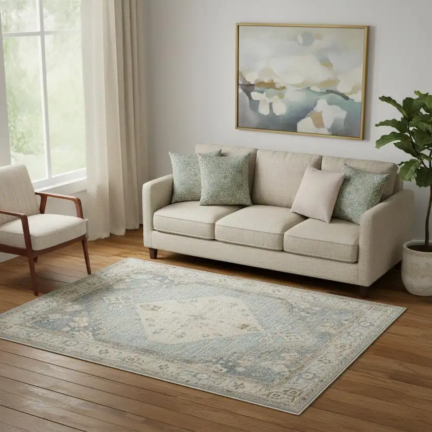 Blue Yellow And Cream Floral Medallion Distressed Washable Area Rug Photo 1