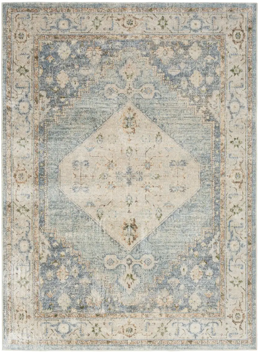 Blue Yellow And Cream Floral Medallion Distressed Washable Area Rug Photo 9