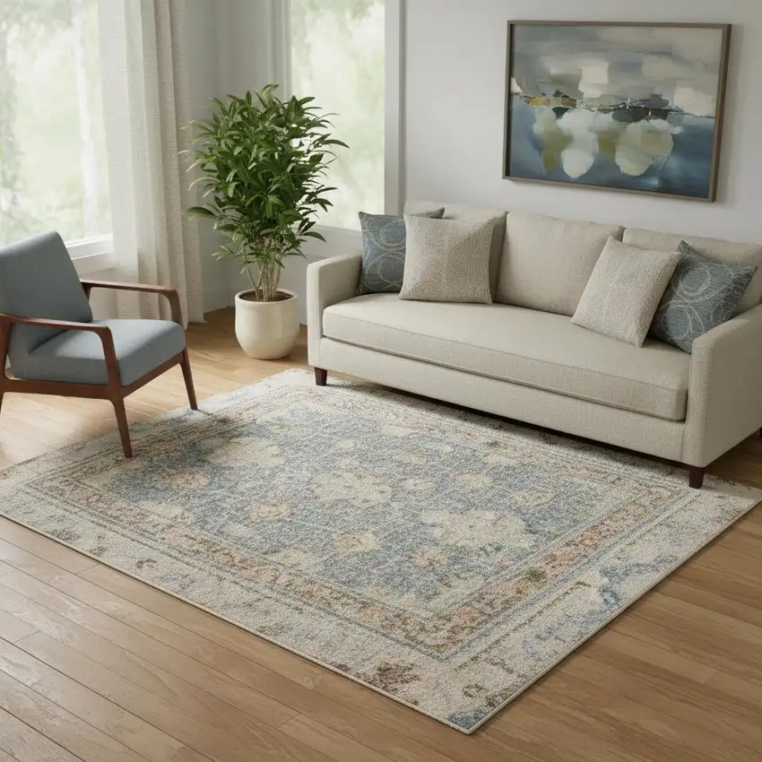 Blue Yellow And Cream Floral Medallion Distressed Washable Area Rug Photo 1