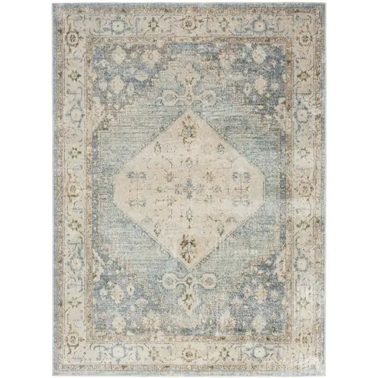 Blue Yellow And Cream Floral Medallion Distressed Washable Area Rug Photo 6