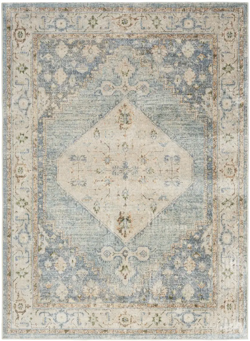 Blue Yellow And Cream Floral Medallion Distressed Washable Area Rug Photo 6