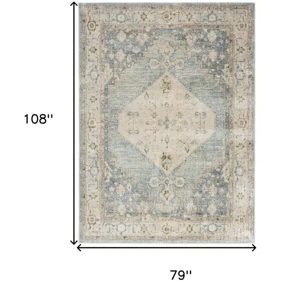Blue Yellow And Cream Floral Medallion Distressed Washable Area Rug Photo 8