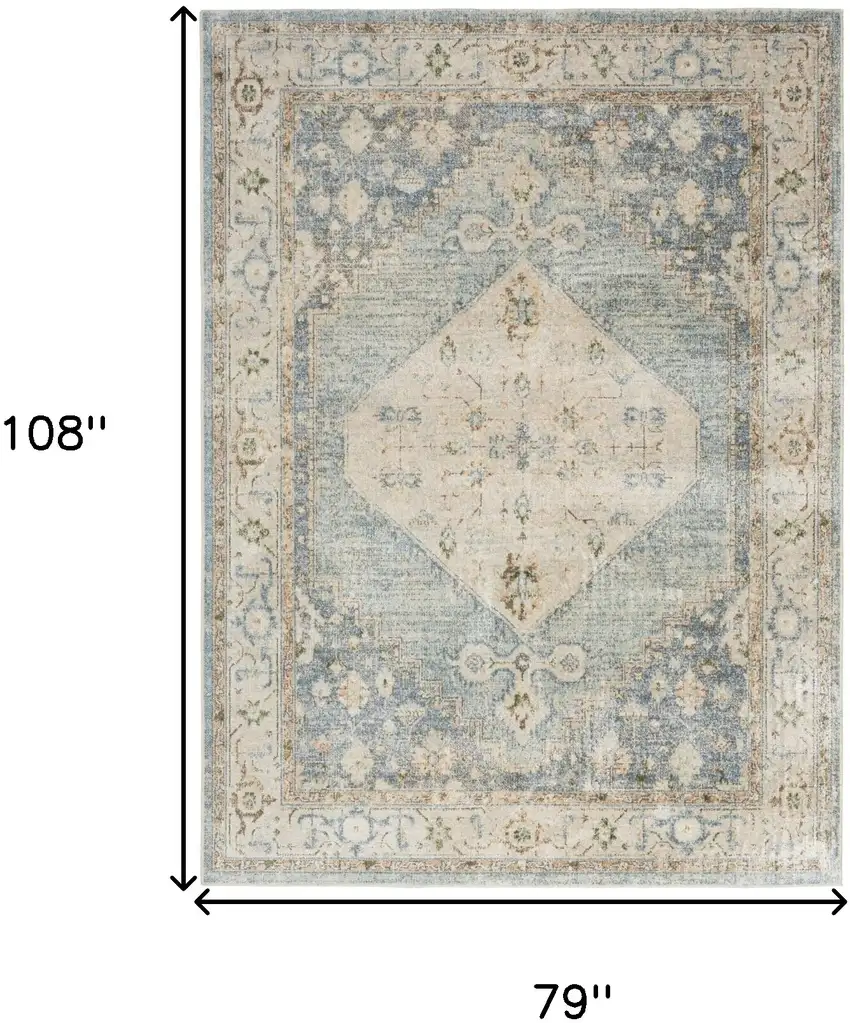 Blue Yellow And Cream Floral Medallion Distressed Washable Area Rug Photo 8