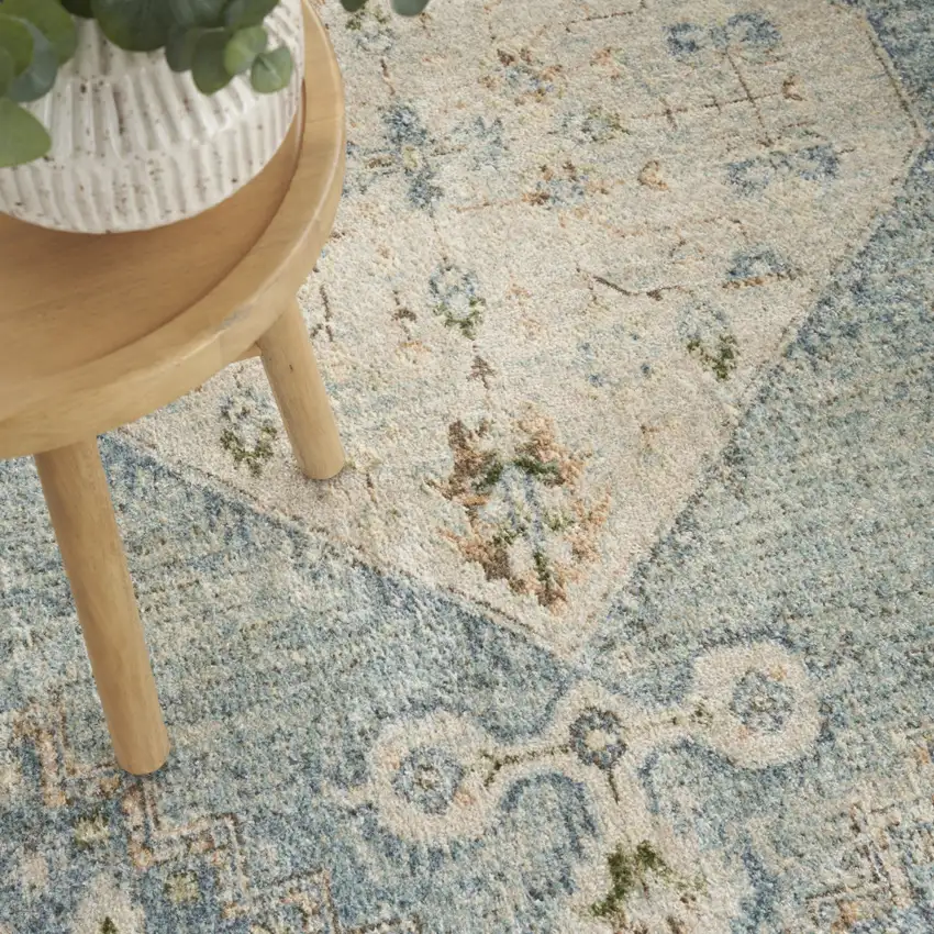 Blue Yellow And Cream Floral Medallion Distressed Washable Area Rug Photo 5